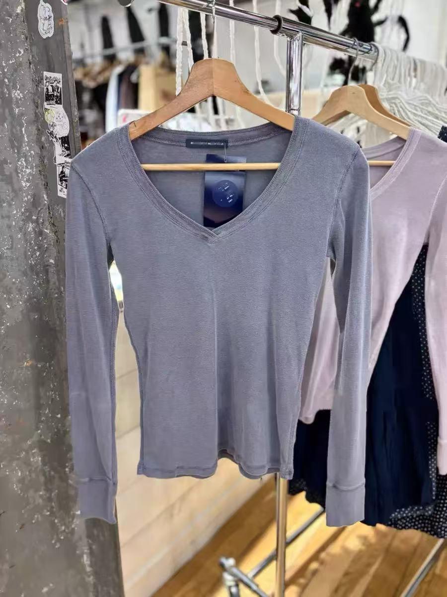 Women s Gray-Blue V-Neck Long-Sleeve Slim Fit T-Shirt One size серо голубой