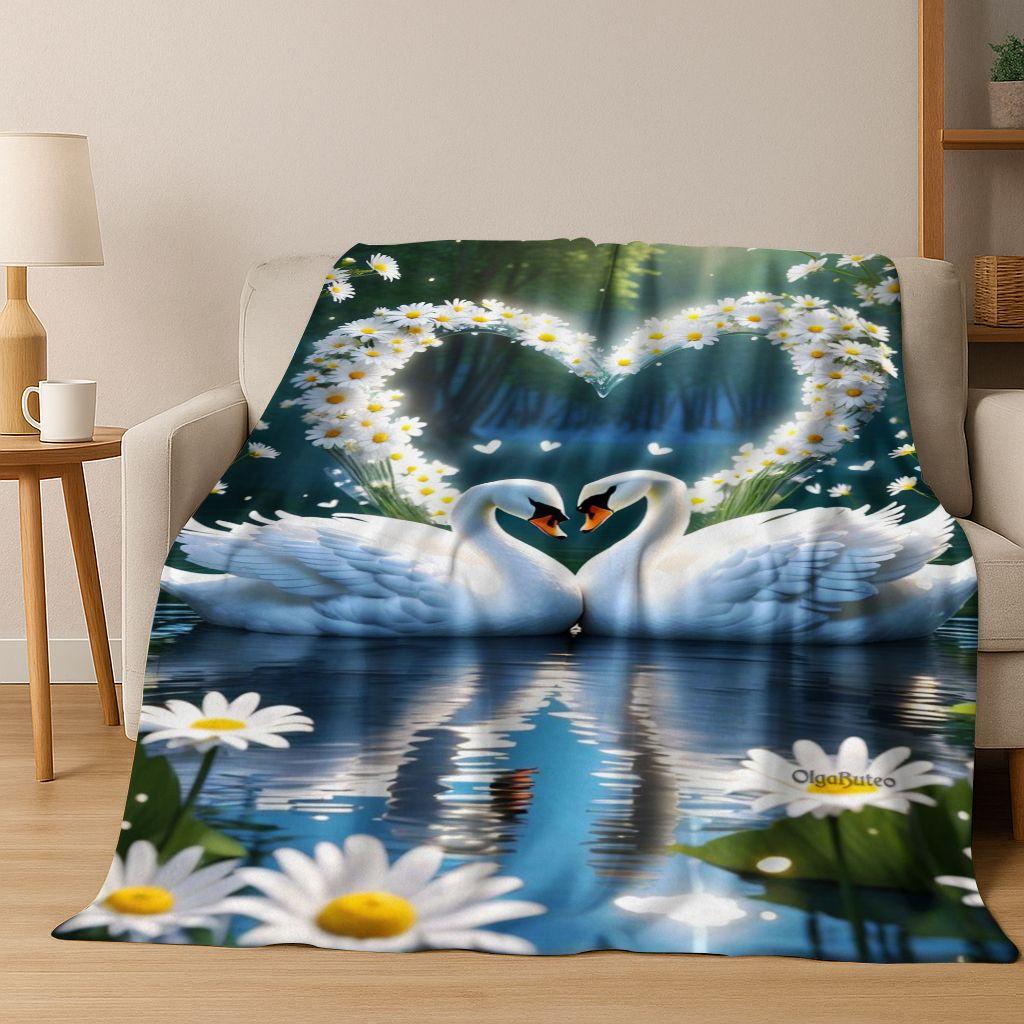 Dream Love Swan Art Cartoon Flannel Blanket,Cozy Soft Throw Blanket for Home Bedroom Bed Sofa Picnic Office Cover Gift Kids