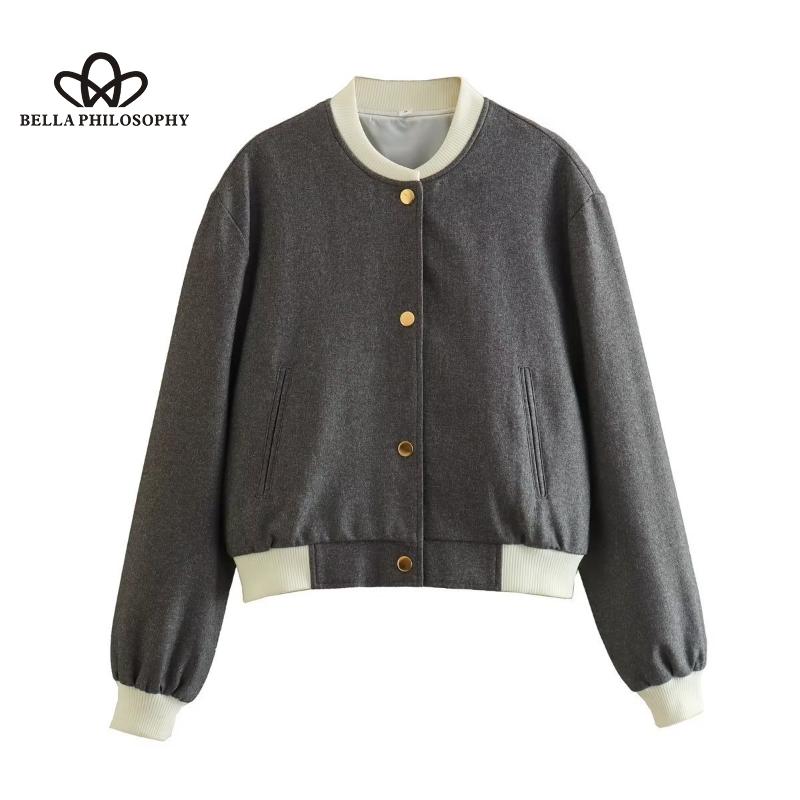 Vertical Collar Double Pocket Contrast Biker Aviator Jacket Coat Women's Top