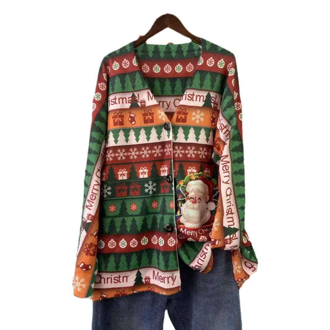 Plus Ugly Christmas Sweater Women s V-Neck Button Fun Pattern Animal Snowman Reindeer Print Festive L