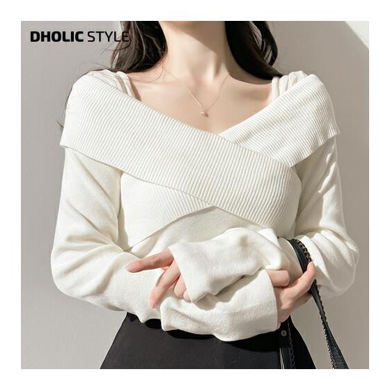 Sheer color scheme Off-shoulder style cross rib knit / p622773 Women s [Tops] Tops Long sleeve knit Ribbed Off-shoulder Sheer Transparency Color