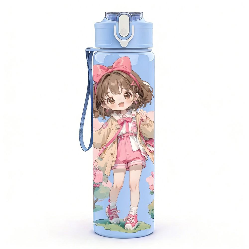 1PC Pink Dress Girl Bow Hair Decor Pattern 750ml Color Plastic Sports Water Bottle Leakproof Flip Straw Lid Suitable for Sports Office Home Use