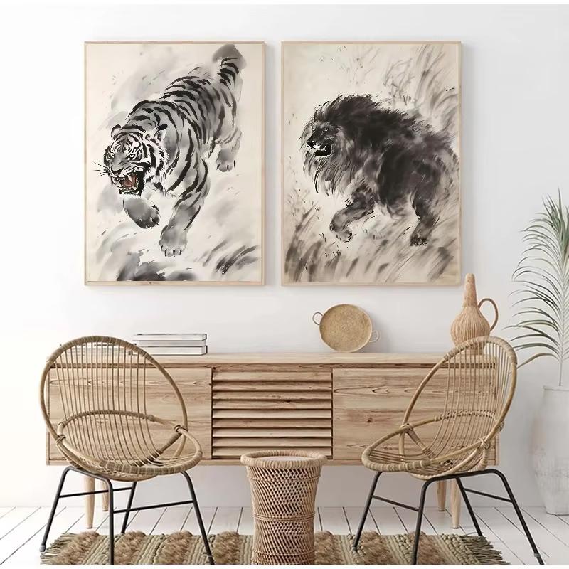 Chinesische Tuschezeichnung Retro Tiere Vintage Poster Tiger Panda Drache Nashorn Retro Leinwand Wandkunst Wohnzimmer Heimdekoration