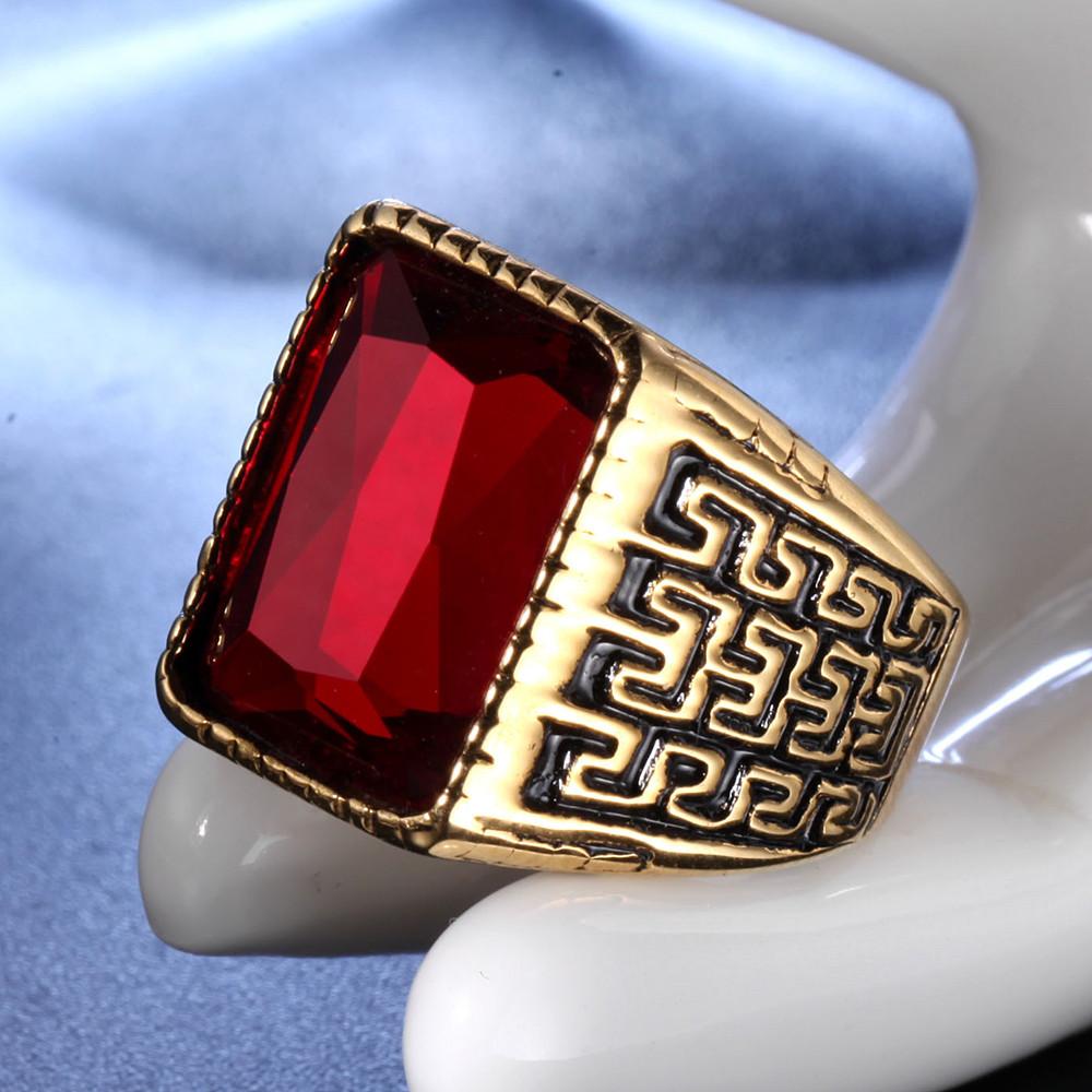 Geometric Carved Square Red Black 5A Zircon Diamonds Gemstones Rings Bague for Men 18k Gold Filled Stainless Steel Jewelry Cool