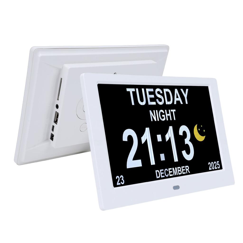 8 Inch Digital Calendar Clock Date and Time Display Customizable Alarm Auto Dimming Picture Video Playback Large