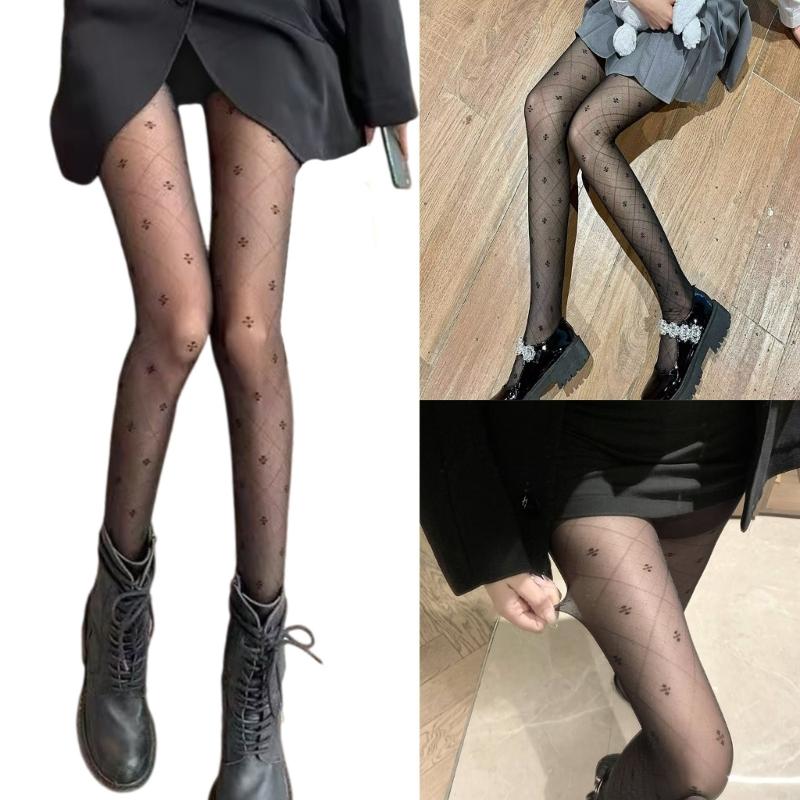 Women's Four Leaf Pattern Pantyhose Stretchy Soft Nylon Stockings Sheer Mesh Tights For Daily Wear And Special Event
