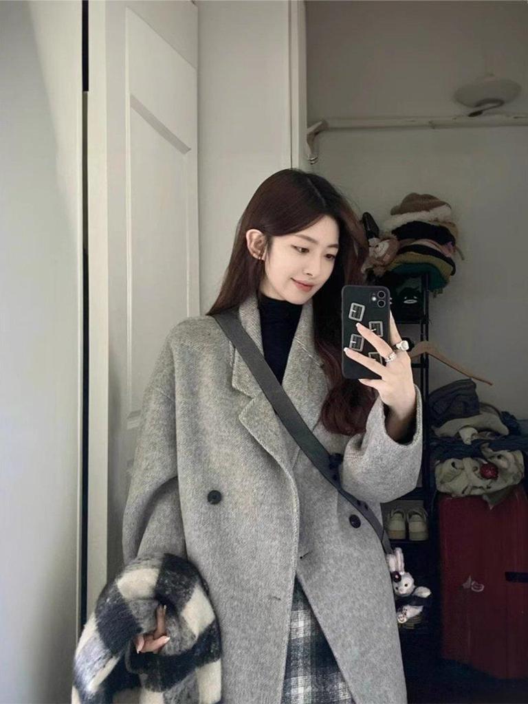 Oatmeal Double-Sided Cashmere Women's Mid-Length Coat - 2023 Autumn/Winter Korean Hepburn Style