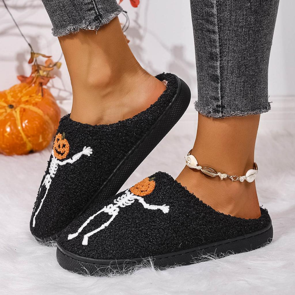 Women's Halloween Printed Plush Warm Cotton Slippers Fashionable And Casual Home Slip Closed Toe Womens Ballet Slippers Velour