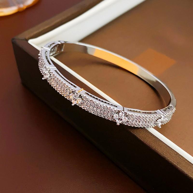 Elegant Floral CZ Stone Studded Bracelet Women Lightweight Luxury Alloy Bangle In Gold Rose