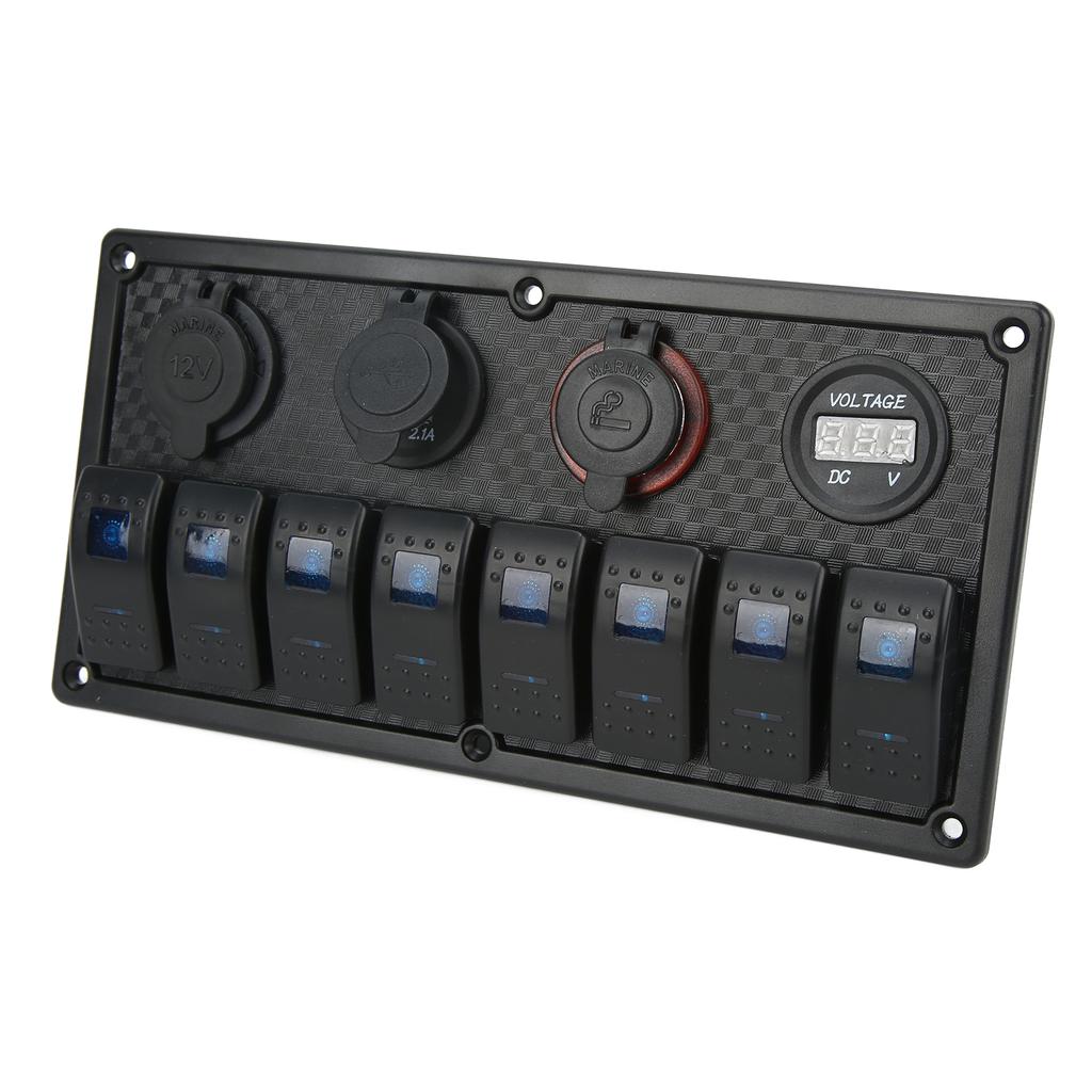 Car Boat Rocker Switch Panel Blue LED Light with Dual USB Voltmeter Cigarette Lighter 12‑24V for Yachts Ships Caravans
