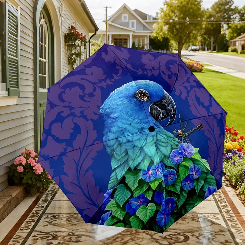 1pc Parrot Flowers Automatic Folding Umbrella 8 Rib Iron Frame,  Suitable for Travel, Daily Use, Birthday, Women & Men Gift