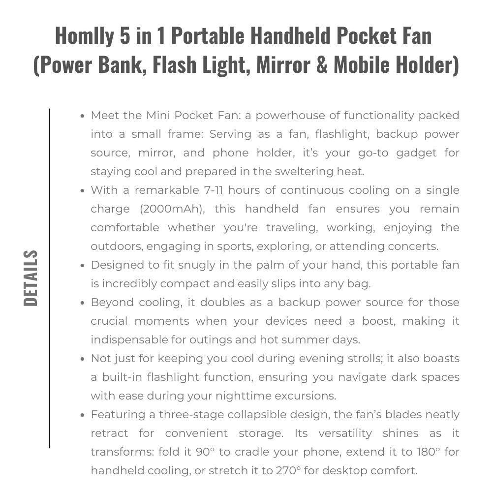 Homlly 5 in 1 Portable Handheld Pocket Fan with Power Bank, Flash Light, Mirror & Mobile Phone Holder X3PCS