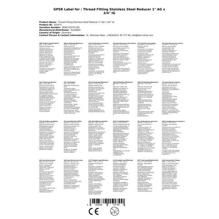 Réduction Inox Filetée 1" x 3/4" V4A, Raccord Réducteur pour Installation Eau