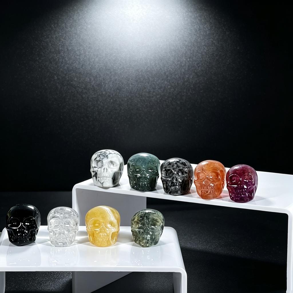 Natural Stone and Gemstones. Small Carved Skulls. Exquisite Small Crystal Skulls. Home Decorations.