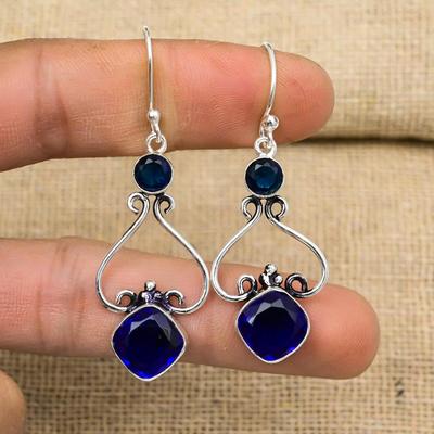 Blue Sapphire Earrings, Handmade Gemstone Earrings, 925 Solid Sterling Silver Earrings Antique Jewelry, For Engagement Gift