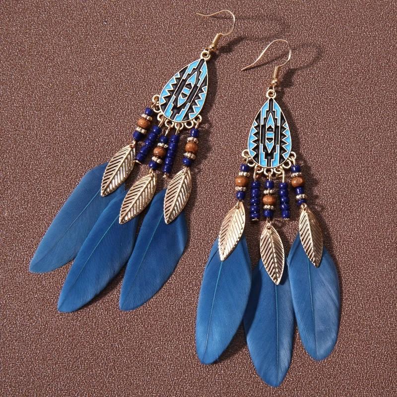 Vintage Bohemian Feather Tassel Earrings Exaggerated Ethnic Vacation Dangle Ear Jewelry Fashion Accessories For Women