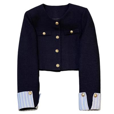 Small Fragrant Style Suit Jacket for Women Spring Autumn Round Neck French Splicing Design Short Top