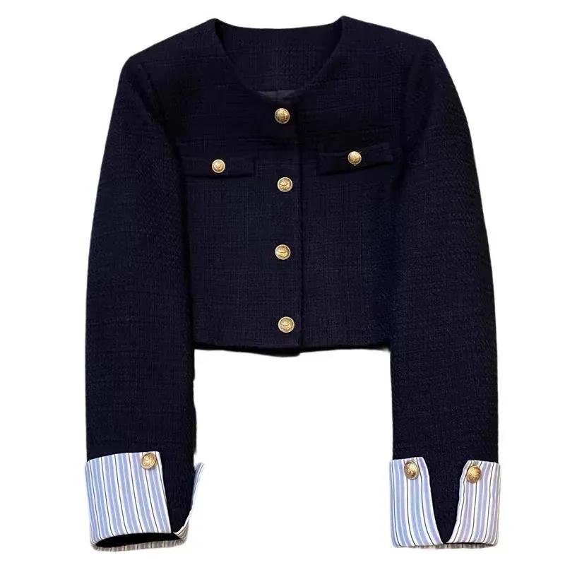 Small Fragrant Style Suit Jacket for Women Spring Autumn Round Neck French Splicing Design Short Top