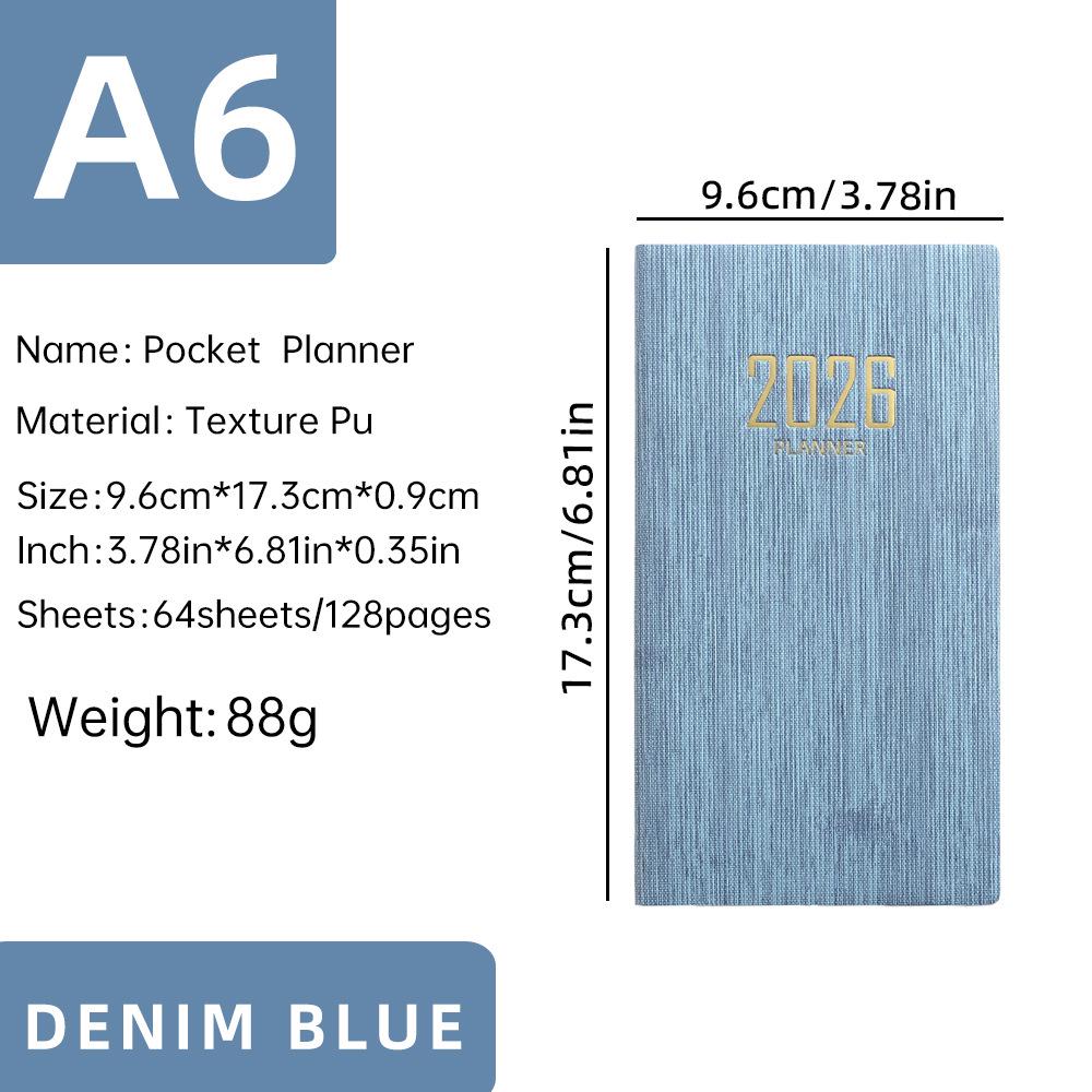 

Кожаный еженедельник А6 на 2026 год: Портативный англоязычный дневник и блокнот-ежегодник для записей A6 джинсовый синий