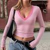 Women's Striped Long Sleeve V-Neck T-Shirt Slim Fit