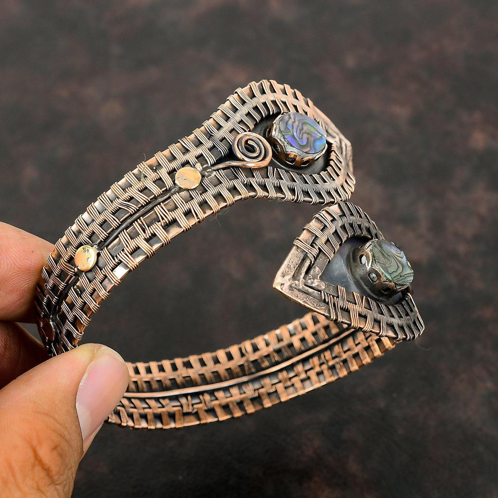 Abalone Shell Gemstone Bangle Copper Wire Wrapped Cuff Bracelet Handmade Bangle Adjustable Cuff Bracelet Antique Copper Jewelry Gift For Mom