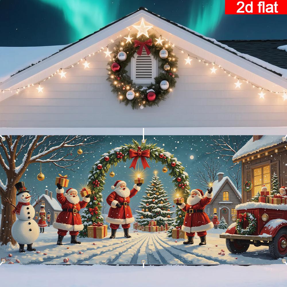 2D Door Flag 1 Piece Christmas Garage Door Flag - Festive Santa Claus and Snowman Scene