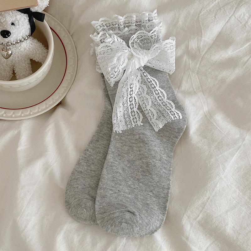 

Женские весенне-летние тонкие однотонные кружевные носки-гольфы с бантом в стиле балета, дышащие 1 pair светло-серый