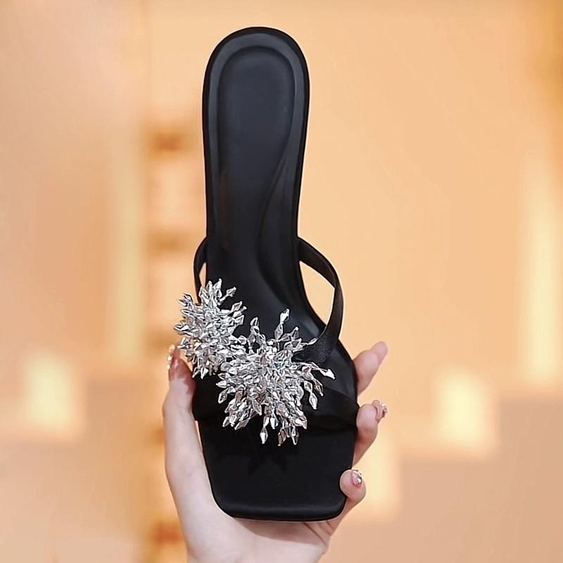 Fashion 2025 New Summer Women's High Heel Sandals Fashion Cross Rhinestone Square Head Open Toe Sandals Silk Sexy Stiletto Mules