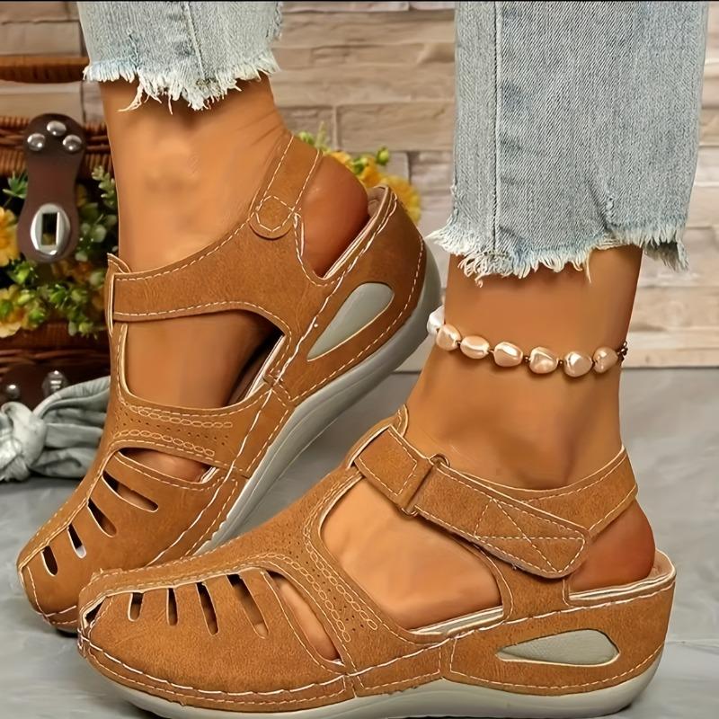 Women's Casual Wedge Heel Sandals Round Toe Cut-Out Design Mid Heel Breathable Comfortable All-Season Wear Easy Buckle Closure Durable Sole