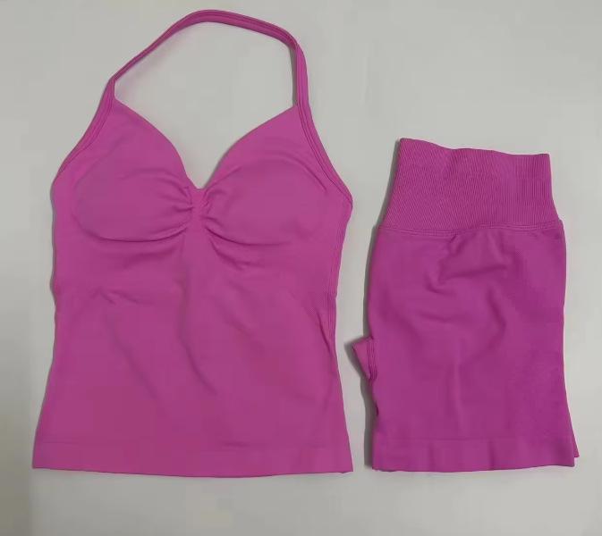 JYL Seamless Backless Two Piece Set Padded Halter Top Fitness Shorts