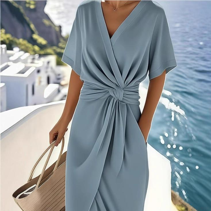 2025 Summer Satin Split Wrap Dress: Women's Solid Color Tie-Up Skirt