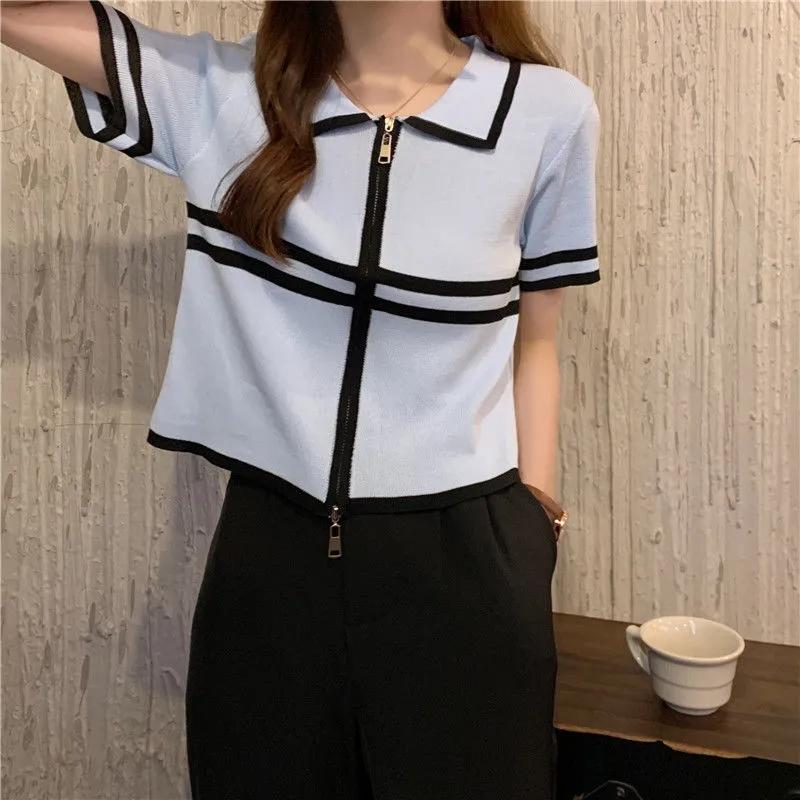 

Женская летняя нишевая футболка, тонкая рубашка с двойной молнией и лацканами, женские тонкие трикотажные топы большого размера, повседневная уличная одежда One Size синий