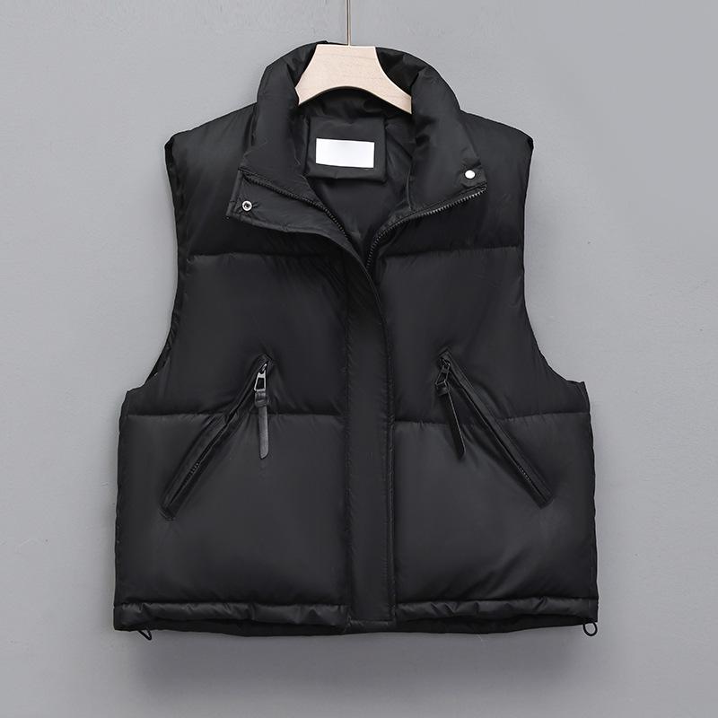 

Women s PU Leather Down Cotton Vest - Sleeveless Jacket for Spring, Autumn, Winter - Fashionable Short Outerwear for Students M чорний