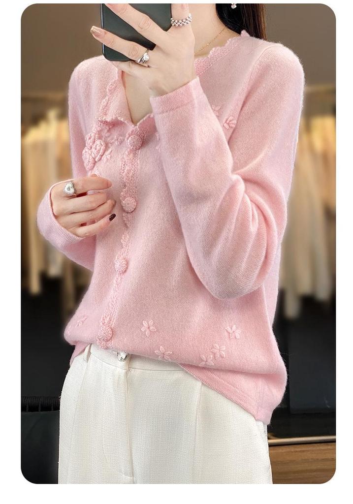 Women's 100% Pure Wool Embroidered Cardigan - Soft, Loose, Solid Color Knit Sweater for Autumn and Winter.