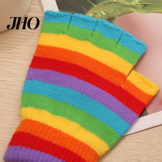 Women Gloves 1 Pair Students Half Finger Knitted Colorful Rainbow Stripe Stretchy Comfortable Ladies Keep Warm Super Soft Autumn Winter Writing Gaming