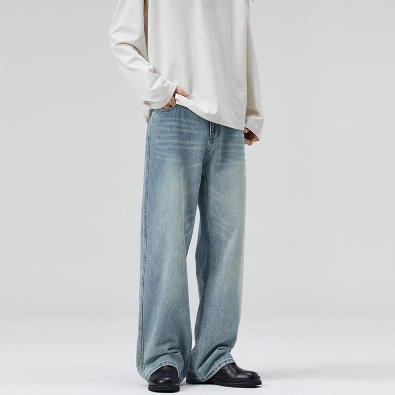 LKTM Men's & Women's Trendy Light Blue Washed Jeans - Versatile Loose Straight Leg Pants for Spring/Summer
