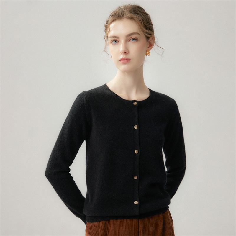 Elegant 100% Cashmere Round Neck Long Sleeve Outerwear
