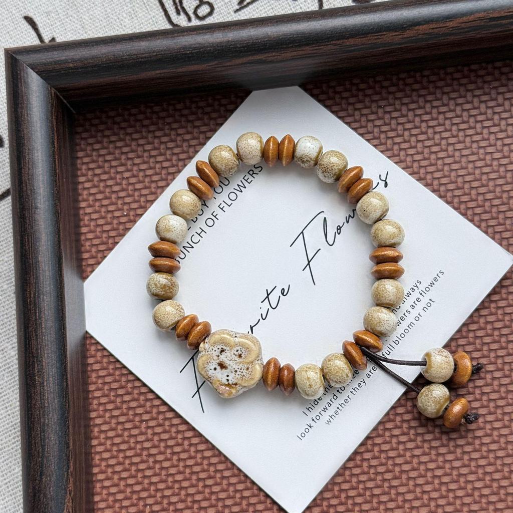 Retro Forest Style Ceramic & Wooden Bead Bracelet - New Chinese Zen Versatile Jewelry