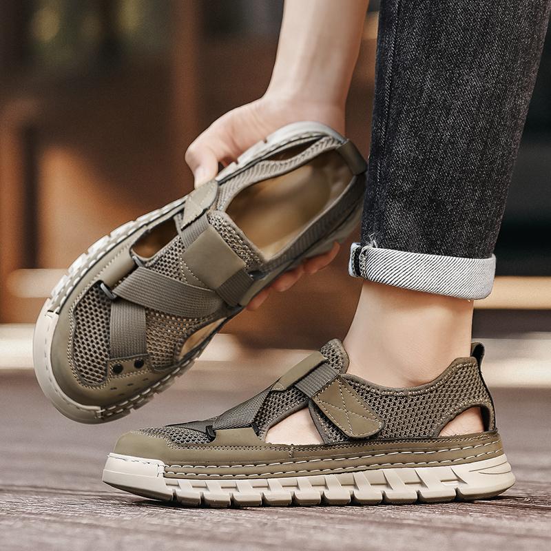 Fashion Summer Men Sandals Genuine Leather Mens Casual Shoes Roman mens Shoes Outdoor Men Leather Sandals for Men Beach Shoes cm beige