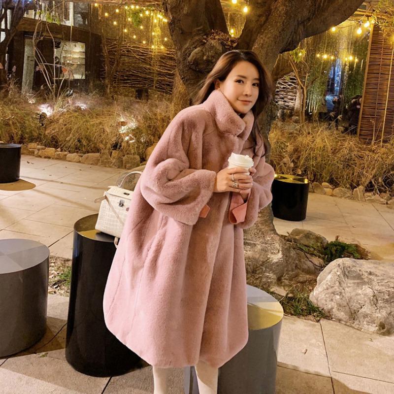 Winter new imitation fur imitation mink plush medium and long coat stand-up collar thickened loose coat women