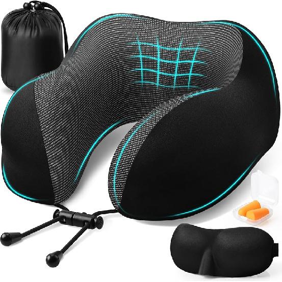 Travel Pillow, Travel Pillows for Sleeping Airplane, Removable Cover Neck Pillow with Adjustable Clasp, Memory Foam Neck Pillow Set with Eye Mask,