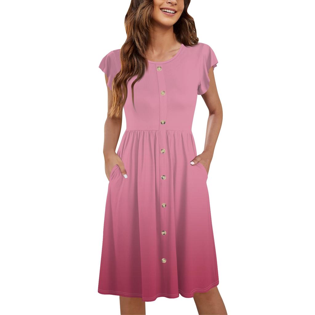 Women's Round Neck Summer Fly Sleeve Casual Printed Loose Button Pocket Midi Dresses