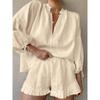 Casual Solid Color Slim Fit Two-piece Set Drawstring Long Sleeve Top & Ruffle Hem Elastic Waist Shorts Outfits