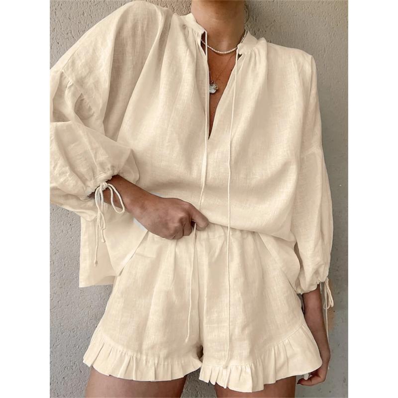 Casual Solid Color Slim Fit Two-piece Set Drawstring Long Sleeve Top & Ruffle Hem Elastic Waist Shorts Outfits