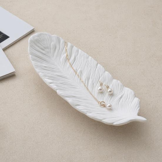 White Feather Jewelry Tray, Plaster Feather Trinket Dish, Decorative Wing Jewelry Dish for Earrings Necklaces Bracelets Dressing Table Decor