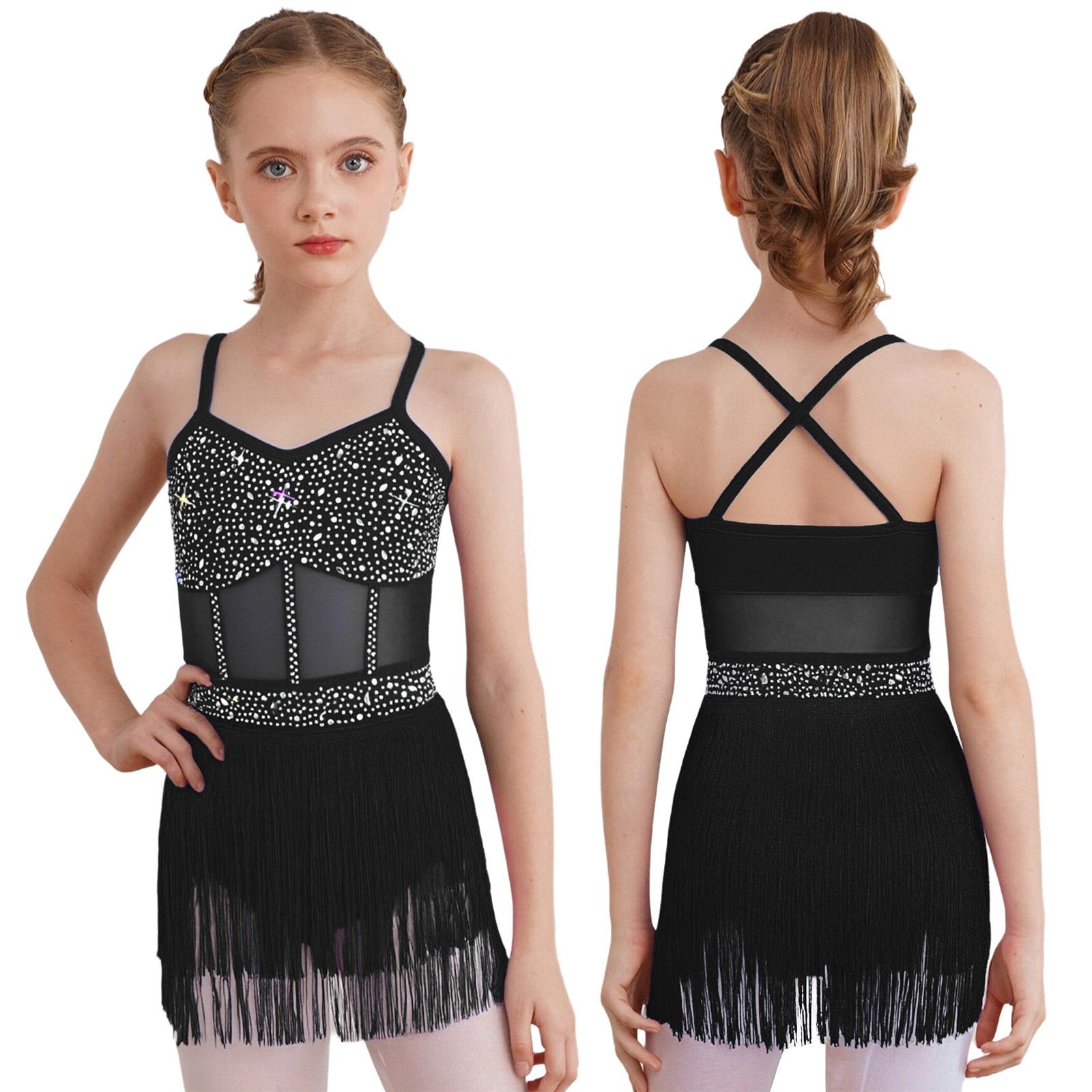 

Eye-Catching Tassel Fringe Dance Dress for Girls: Features Rhinestones, Sheer Mesh Patchwork & All-in-One Silhouette 5-6 Years