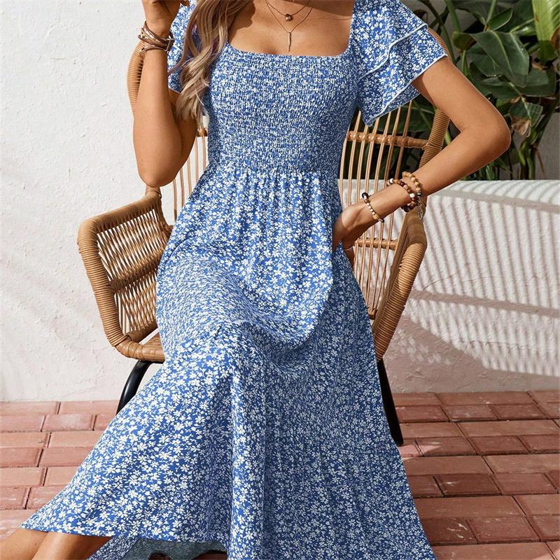 Women's Square Collar Waist Printed Bubble Sleeve Dress S-XXXL