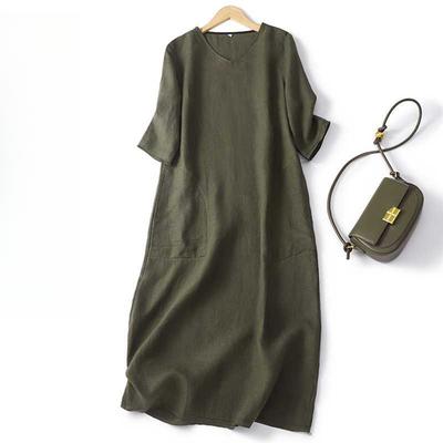 Vintage Einfarbiges Temperamentkleid V-Ausschnitt Locker Schlichtes Design Gerader Rock Damen