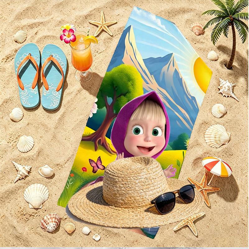 Masha and The Bear Print Beach Towel, Versatile Lightweight Absorbent Beach Towel for Pool Surf Yoga Bathroom, Perfect Birthday Holiday Gift