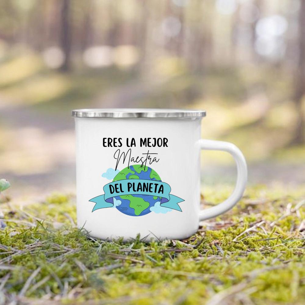 Best Teacher in The World Spanish Printed Mug Creative Coffee Cups Drinks Enamel Cup Vintage Handle Drinkware Gifts for Teacher